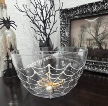 Halloween Jeweled Pearl Gold Spider Glass Serving Bowl Candy Bowl Spider... - $46.99