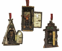 Kurt Adler Set Of 3 Hinged Rustic Woodland Cottage Outhouses Xmas Ornaments - $29.88
