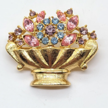 Flower Basket Brooch Gold Tone, Rhinestone Pink Blue Purple, 1  5/8&quot; Wide - £9.18 GBP