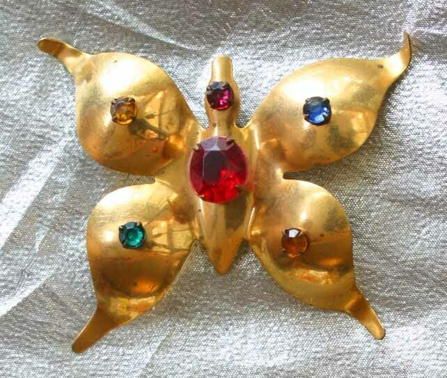 Primary image for Art Deco Multi-color Rhinestone Gold-tone Butterfly Brooch 1940s vintage 3 1/2"