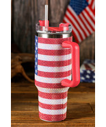 Red Rhinestone American Flag Print Handled 40oz Thermos Tumbler - $35.19