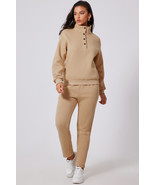Parchment Solid Half Button Sweatshirt and High Waist Sweatpants Set - $54.38