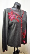 Sigrid Olsen Sport Grey Burgundy Embroidered Beaded Cardigan Sweater Wom... - £22.67 GBP