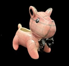 1950s Ceramic Dog Planter Pink Plaid &amp; Patchwork Puppy W Black Bow Tie 5”H x6”L - £26.29 GBP