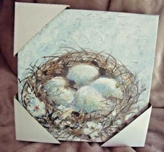 New Bluebird Nest W/ Eggs Canvas Wall Picture Sparkle 8&quot; Sq Spring Easter - £11.67 GBP