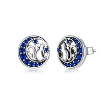 Genuine 925 Sterling Silver Blue Zircon Crescent Moon Stud Earrings Cat on the M - £16.09 GBP