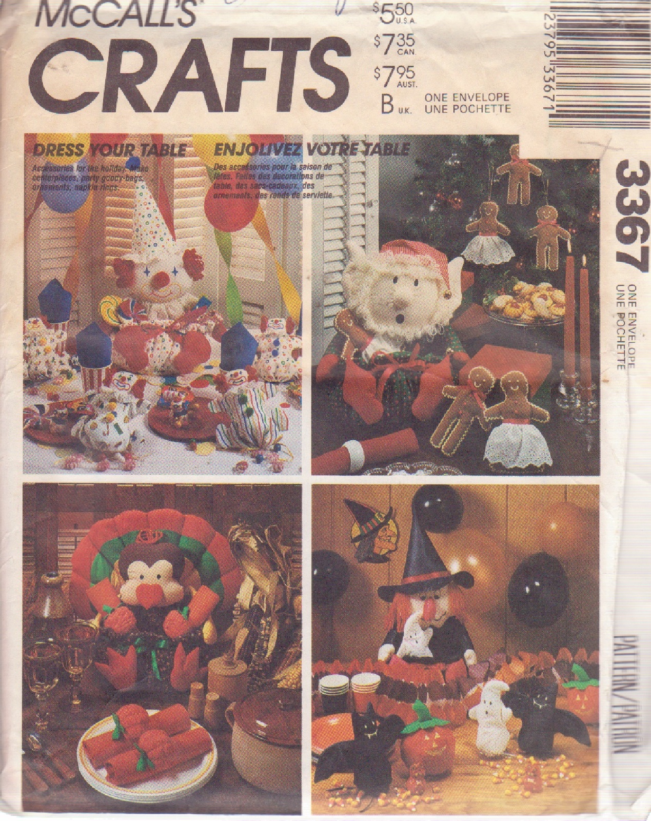 McCALL'S PATTERN 3367 HOLIDAY TABLE ACCESSORY PACKAGE #1 - $3.00
