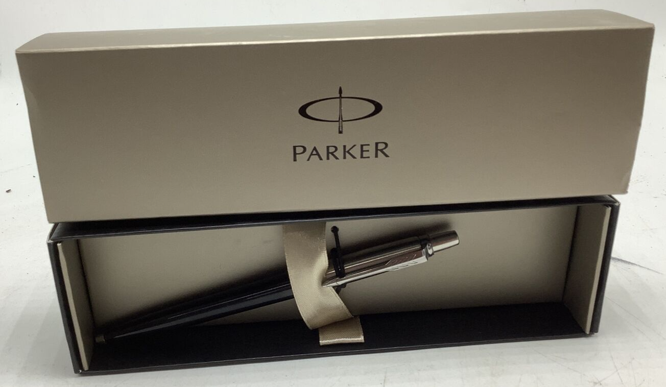 Primary image for New  Vintage Parker Chrome Black Trim Ballpoint Pen Black Ink With Gift Box