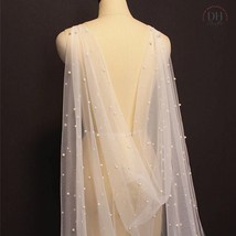 Ivory Tulle Pearl Bridal Cape, Cathedral Wedding Cape With Pearls, Beaded Weddin - £79.88 GBP+