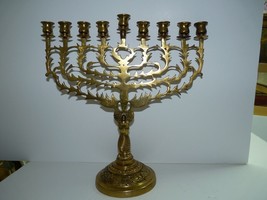 Vintage Early 20C Massive Brass Judaica Hand-Sawn Chanukah Hanukkah Menorah 33cm - £165.46 GBP