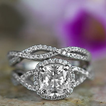 Engagement Ring Set 3.10Ct Cushion Cut Simulated Diamond 14k White Gold Size 6.5 - £195.59 GBP