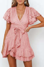 Pink Flutter Sleeve Wrap V Neck Floral Lace Short Dress - £24.84 GBP