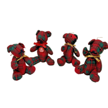 Vintage Plush Red Green Plaid Jointed Christmas Bear Ornaments Stuffed Lot 4 - £18.34 GBP