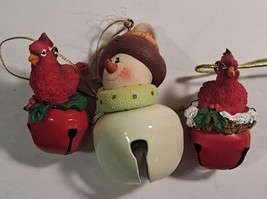 3 cute little jingle bell Holiday Christmas Tree Decorations Snowman &amp; birds - £7.98 GBP