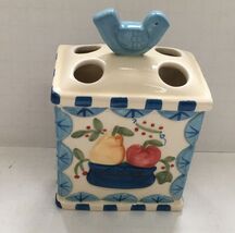 Ceramic toothbrush holder country blue fruit bird hand painted Karen Com... - $19.75