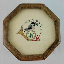 Wood Trinket Box Hexagon Shaped Hand Embroidered Gift Bird Gold Horn Vtg - £7.83 GBP