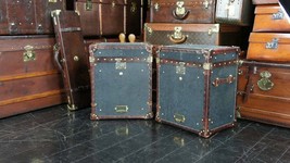 Vintage Black Leather Chestnut Brown Trimmed English Occasional Side Table Trunk - £761.22 GBP