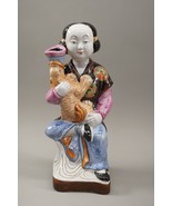 Signed Chinese Famille Rose Porcelain Figure Statue Woman Holding Cat Ti... - $123.99