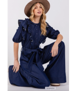 Wide Leg Denim Jumpsuit Romper Women&#39;s Ruffled Belted - $49.95