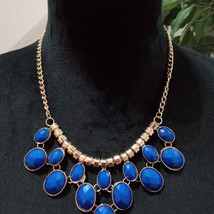 Womens Fashion Blue Color Rhinestone Beaded Statement Bib Necklace with Lobster - £20.25 GBP