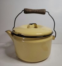 Yellow Enamel Tea Pot with Wooden Handle and Lid Vintage - £25.06 GBP
