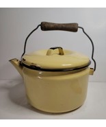 Yellow Enamel Tea Pot with Wooden Handle and Lid Vintage - $32.00