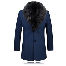 Men&#39;s Woolen Solid Color Plus Velvet Large Fur Collar Warm Windbreaker - £61.36 GBP+