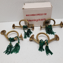 4 Vintage Bloomingdale&#39;s Brass Bugle / Horn Napkin Rings With Green Tassels - $17.81