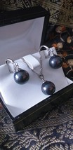 Vintage 1970-s Black Large Pearl Sterling Silver Necklace/Earrings Set in Box - £92.90 GBP