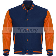 Super Varsity Letterman Baseball Jacket Navy Blue Body Orange Leather Sl... - £75.04 GBP