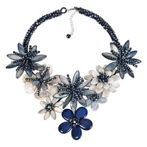 Unique Night Garden Black and Blue Stone with Crystal Bead Statement Necklace - £62.57 GBP