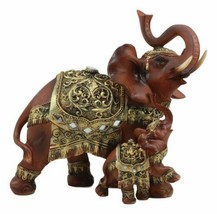 Buddha Feng Shui Decorated Golden Elephant With Calf Trumpeting Statue 10&quot;L - £31.41 GBP