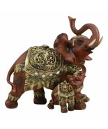 Buddha Feng Shui Decorated Golden Elephant With Calf Trumpeting Statue 10&quot;L - £29.86 GBP