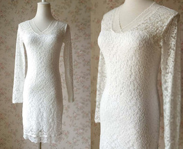 Ivory White Long Sleeve Lace Dress Outfit Women Custom Plus Size Lace Midi Dress image 2