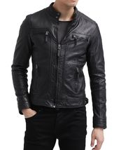 Men Leather Jacket Black Slim fit Biker Motorcycle Genuine Lambskin Jacket MJ091 - £92.84 GBP