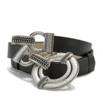 Chicos Circular Abby Black Leather Belt Hammered S/M Silver Gold Round Buckle - £18.84 GBP