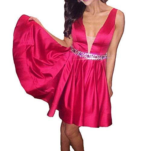 Kivary Satin Sheer V Neck Beaded Waist Formal Prom Homecoming Party Dress Fuchsi