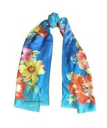 RALPH LAUREN Blue Silk Twill Floral Lara Fringe Signature Logo Oblong Scarf - £27.51 GBP