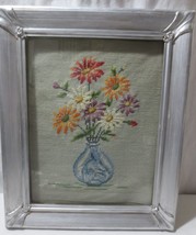Vtg Finished Cross Stitch Framed Daisies in glass Vase Floral Flowers 14 x 17 - £39.22 GBP