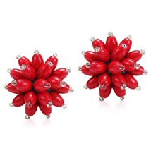 Red Coral Chrysanthemum Floral Blast Clip On Earrings - £14.73 GBP