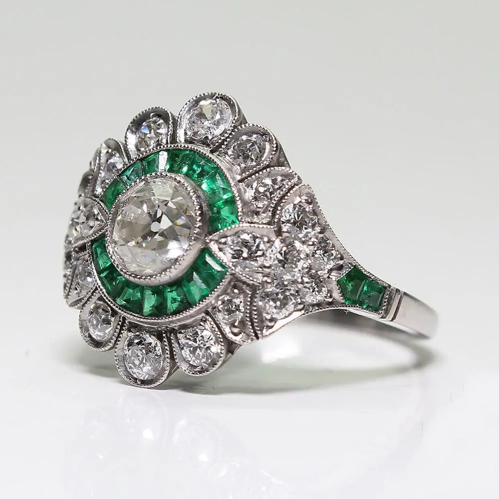 Pure S925 Sterling Silver Color Natural Emerald Gemstone Ring Women Silver 925 J - £21.70 GBP