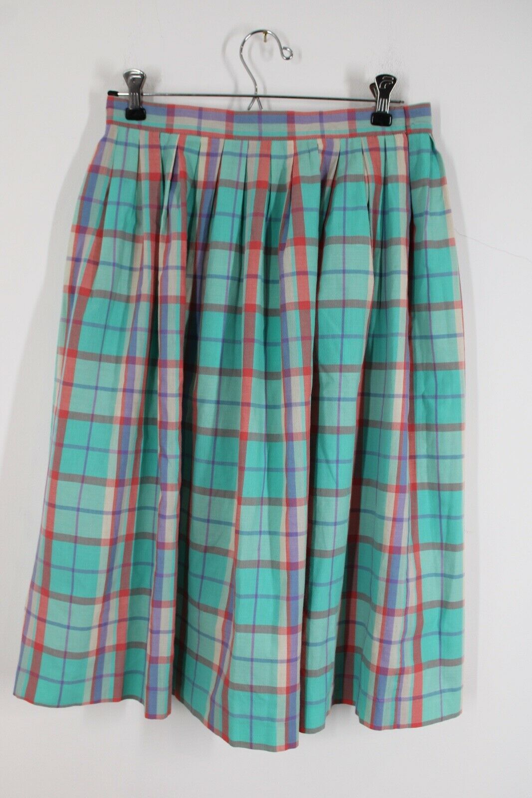 Primary image for Vtg Jack Winter 12 Turquoise Plaid Lightweight Pleated A-Line Skirt 28" Waist
