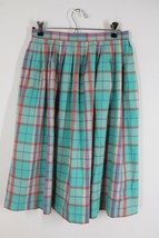Vtg Jack Winter 12 Turquoise Plaid Lightweight Pleated A-Line Skirt 28&quot; ... - $26.59