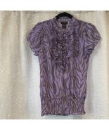 Y2K Sami &amp; Max Purple Zebra Print Sheer Ruffle Blouse Puff Sleeve Size M - $51.39 CAD