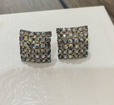 Vintage Square Micro pave clip on earrings silver tone aurora borealis crystals - £6.51 GBP