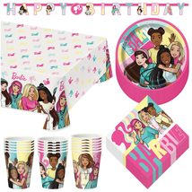 Barbie and Friends Pink Birthday Party Paper Dessert Plates, Napkins, Cups, Tabl - £19.32 GBP
