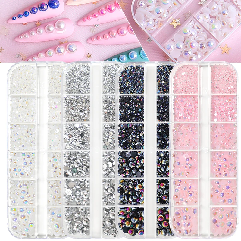 12 Grids Flatback AB Pearl Nail Art Decorations Charms White Pink Silver Beads - £9.73 GBP+