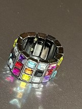 Wide Colorful Square Acrylic Rhinestone Oxidized SIlvertone Band Stretch Ring Cu - £8.92 GBP