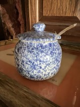 BLUE AND WHITE MARBLED SUGAR DISH/BOWL WITH LID And Spoon - $8.85