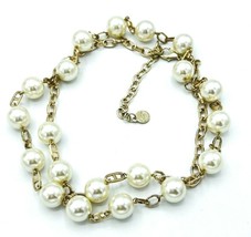 Vintage R J Graziano Gold Tone Faux Pearl Mariner Link Station Necklace 34&quot; - £19.90 GBP
